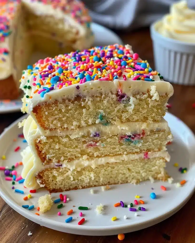 Frosted Sugar Cookie Bundt Cake with colorful sprinkles on a white plate
