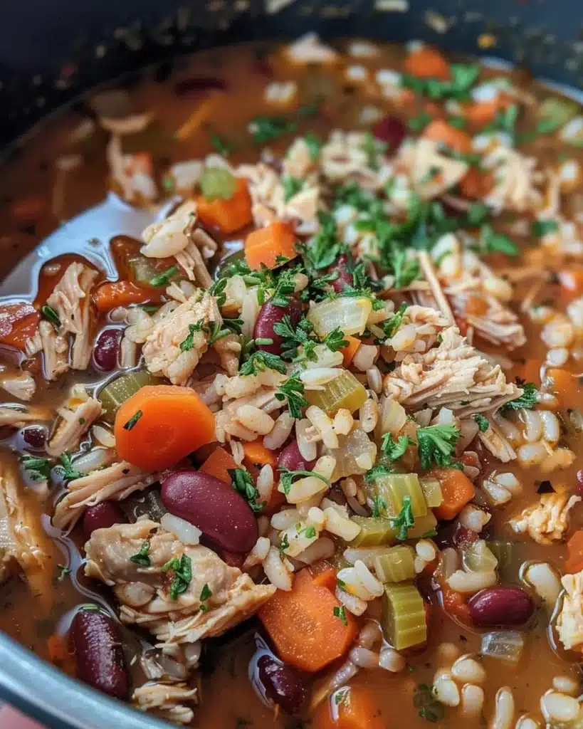 Bowl of hearty turkey soup with rice and kidney beans