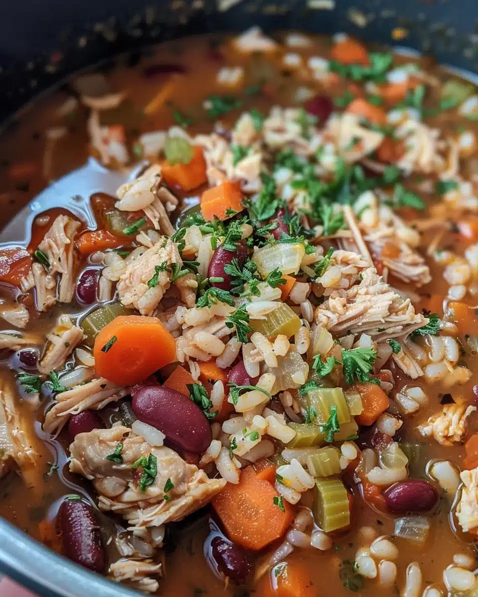 Bowl of hearty turkey soup with rice and kidney beans