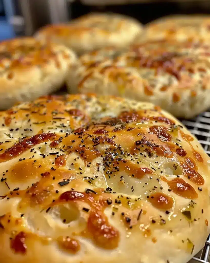 Freshly baked homemade fougasse, a traditional French flatbread, with herbs.