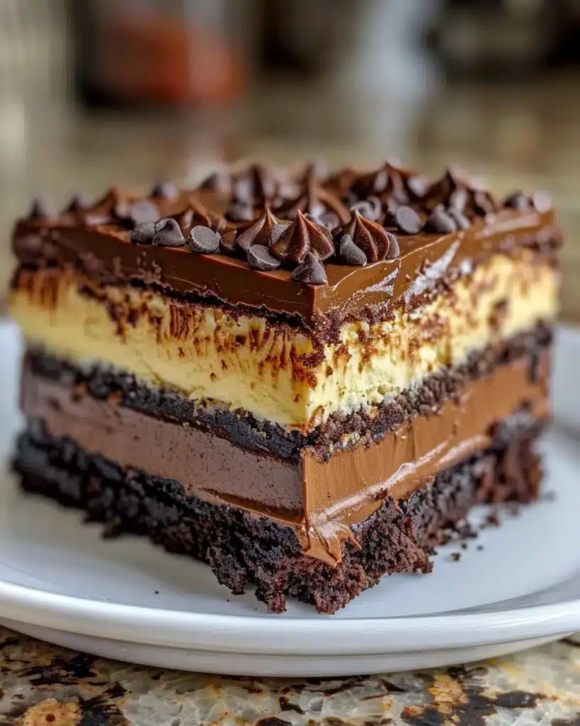 Delicious Irish Cream Fudge Brownies topped with chocolate drizzle and served on a plate.