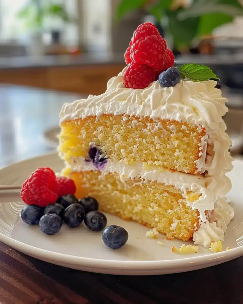 Lemon Berry Yogurt Cake topped with fresh berries and lemon zest.