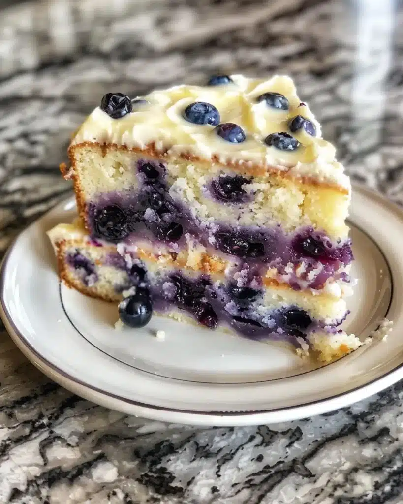 Lemon Blueberry Layer Cake with fresh blueberries and creamy frosting