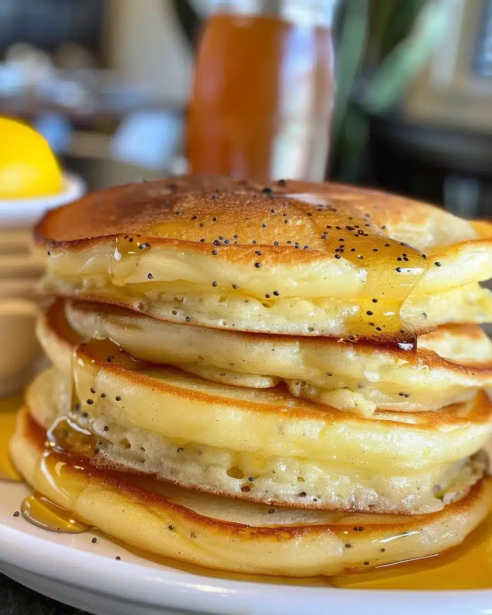 Freshly baked lemon poppy seed muffins on a cooling rack.