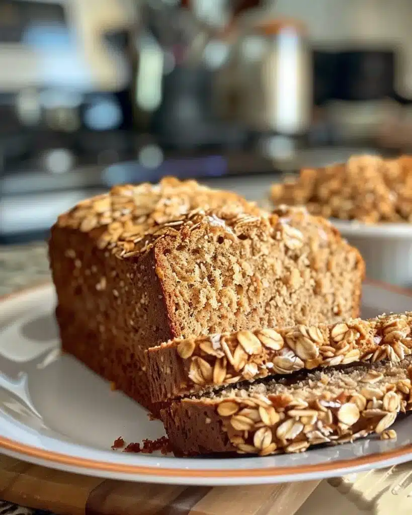 Freshly baked no-knead honey oat bread loaf on a wooden table.