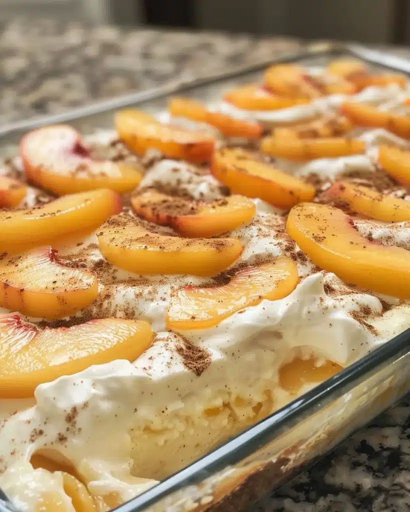 Slice of Peach Cobbler Cheesecake topped with fresh peaches and crumb topping.