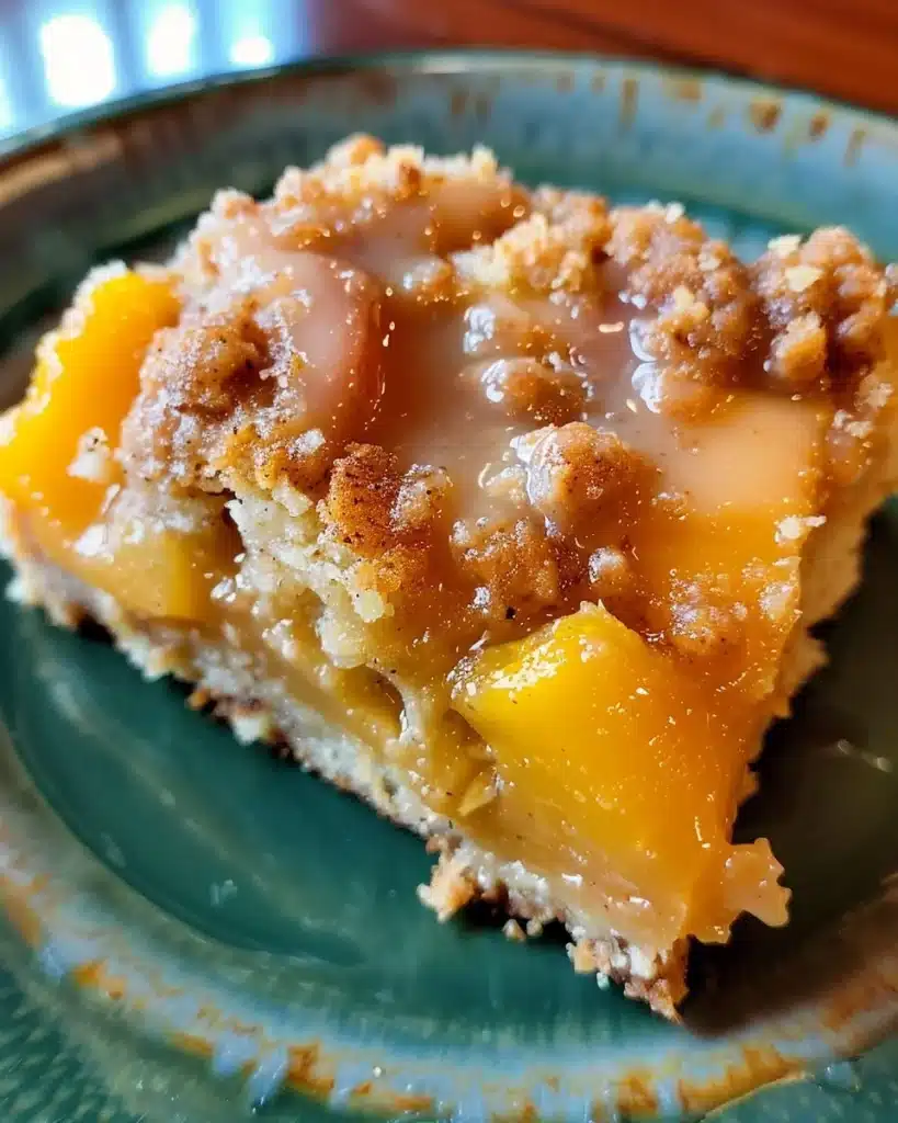 Freshly baked Peach Streusel Muffins topped with crumbly streusel