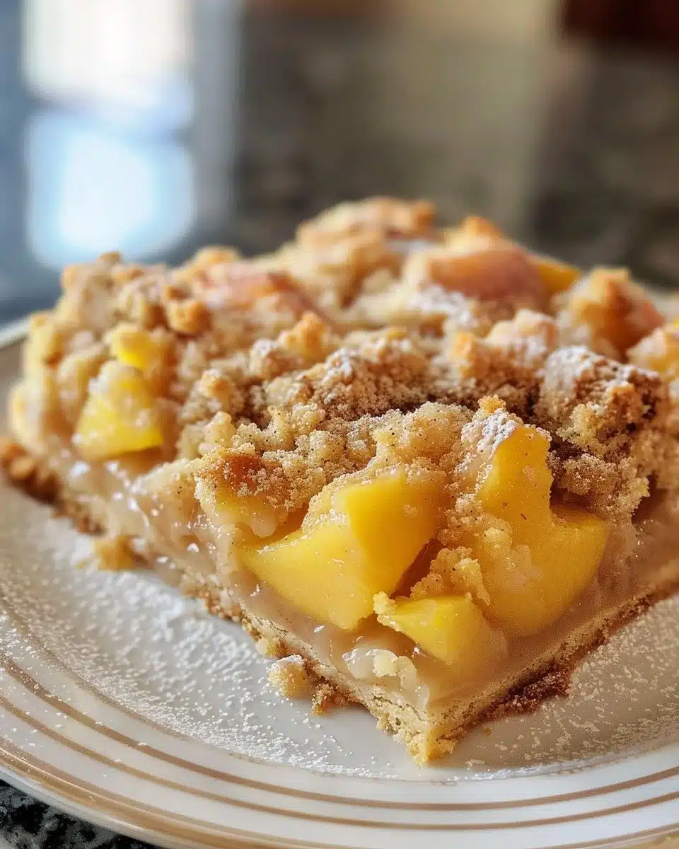 Freshly baked Peach Streusel Muffins with golden peach slices on top