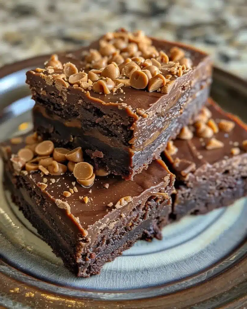 Delicious Peanut Butter Cup Brownies topped with melted chocolate and peanut butter cups.