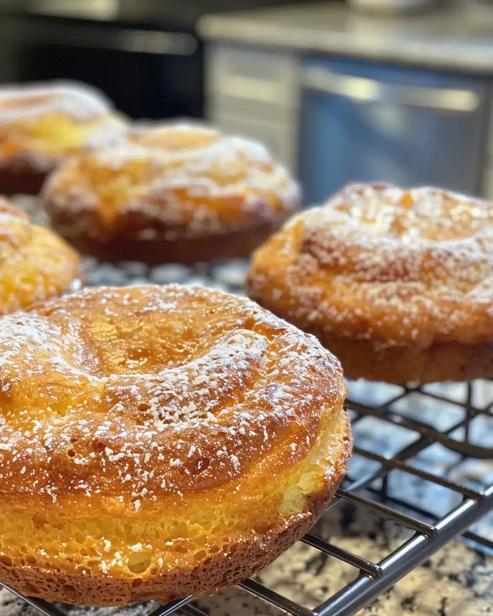 Powdered sugar donut cake topped with a dusting of sugar on a rustic table
