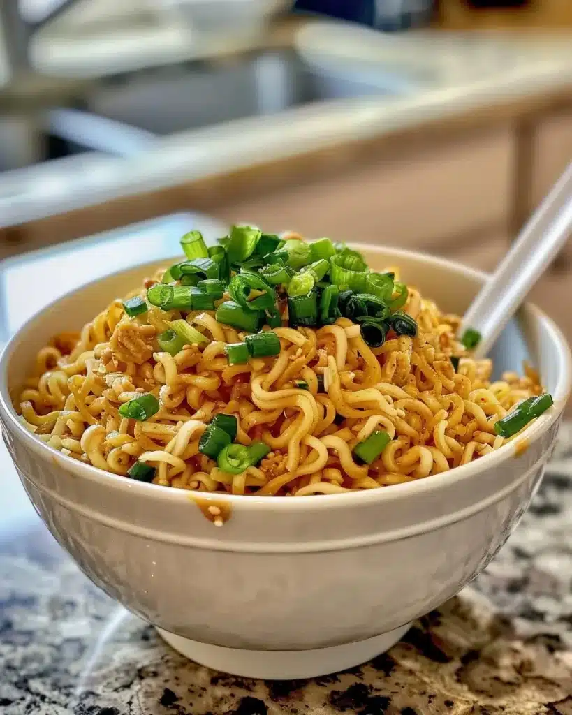 Delicious quick peanut chicken noodles in a creamy sauce