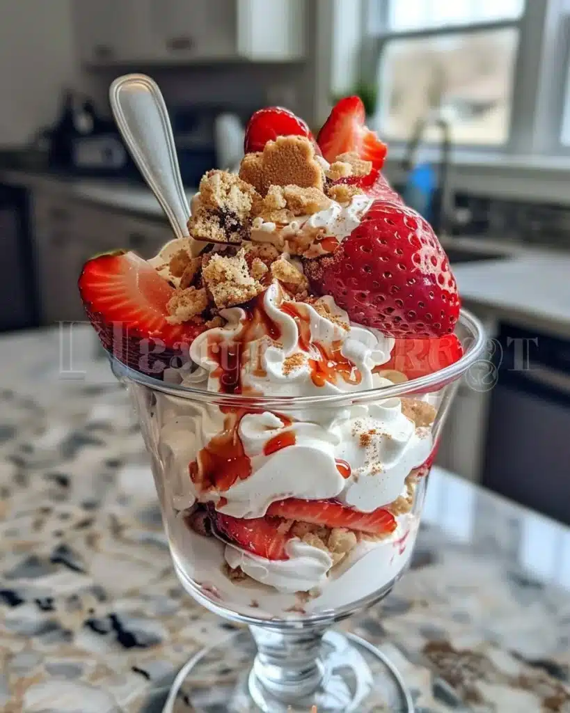 Delicious bowl of roasted strawberry ice cream topped with fresh berries