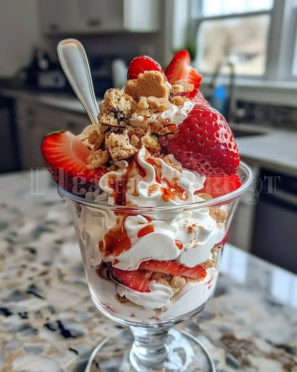 Delicious bowl of roasted strawberry ice cream topped with fresh berries