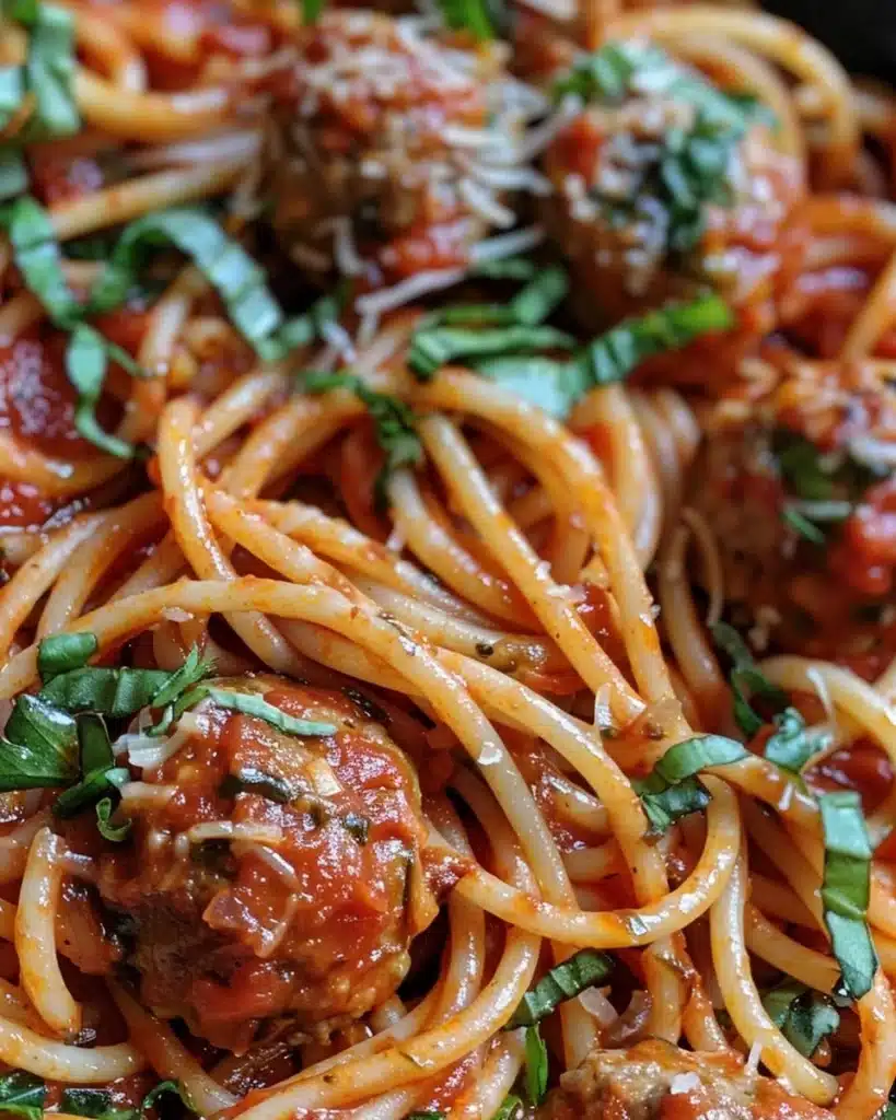 Baked spaghetti meatball dish topped with cheese and fresh herbs.