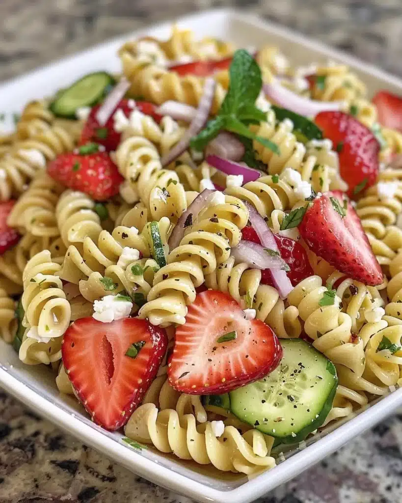 Bowl of Strawberry Fields Pasta Salad with vibrant ingredients