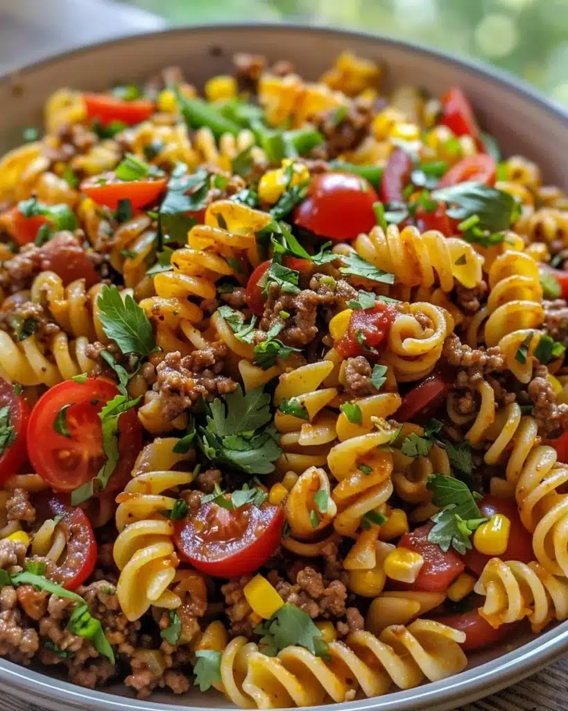 Delicious Taco Pasta Salad with colorful vegetables and toppings