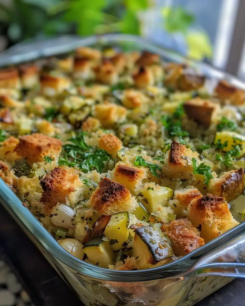 Delicious zucchini stuffing served in a bowl with fresh herbs.