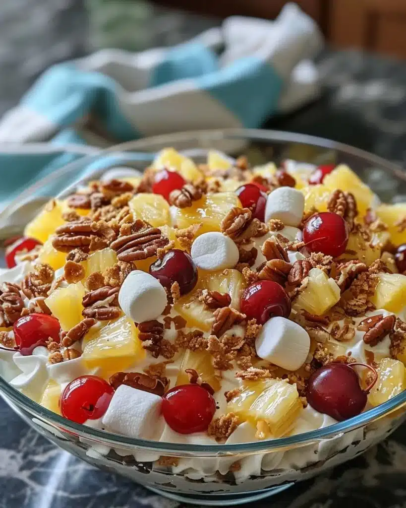 Bowl of vibrant Ambrosia Fruit Salad with fruit and coconut