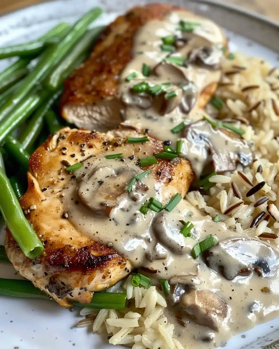 Baked chicken with green beans and wild rice on a plate.