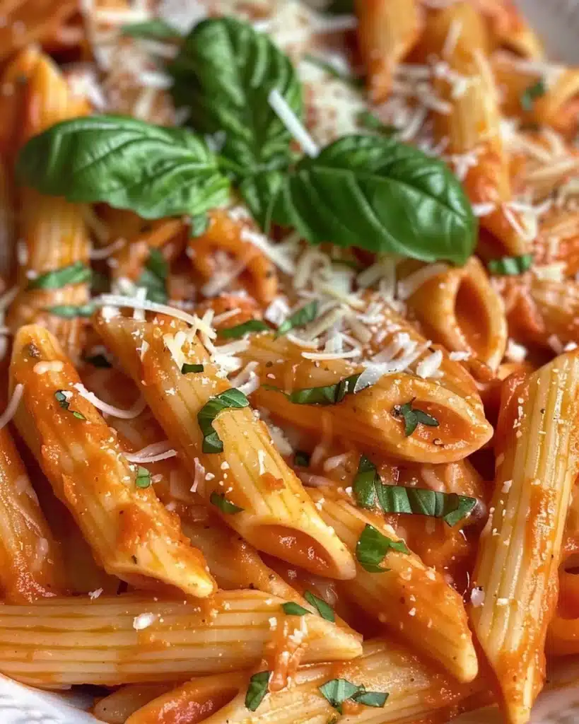 Baked Penne with Vodka dish served in a white bowl with cheese on top.