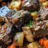 Plate of beef short rib ragout served with fresh herbs and vegetables