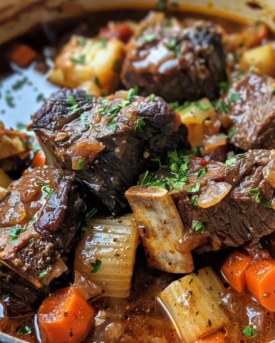 Plate of beef short rib ragout served with fresh herbs and vegetables