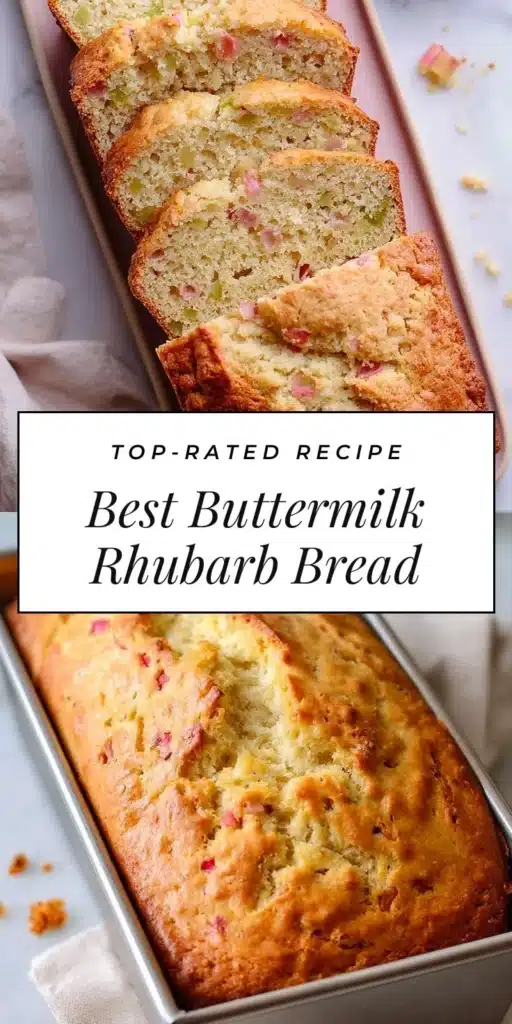 Loaf of Best Buttermilk Rhubarb Bread sliced on a wooden cutting board