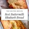 Loaf of Best Buttermilk Rhubarb Bread sliced on a wooden cutting board