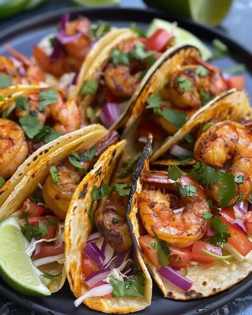 Delicious blackened shrimp tacos with fresh toppings and avocado