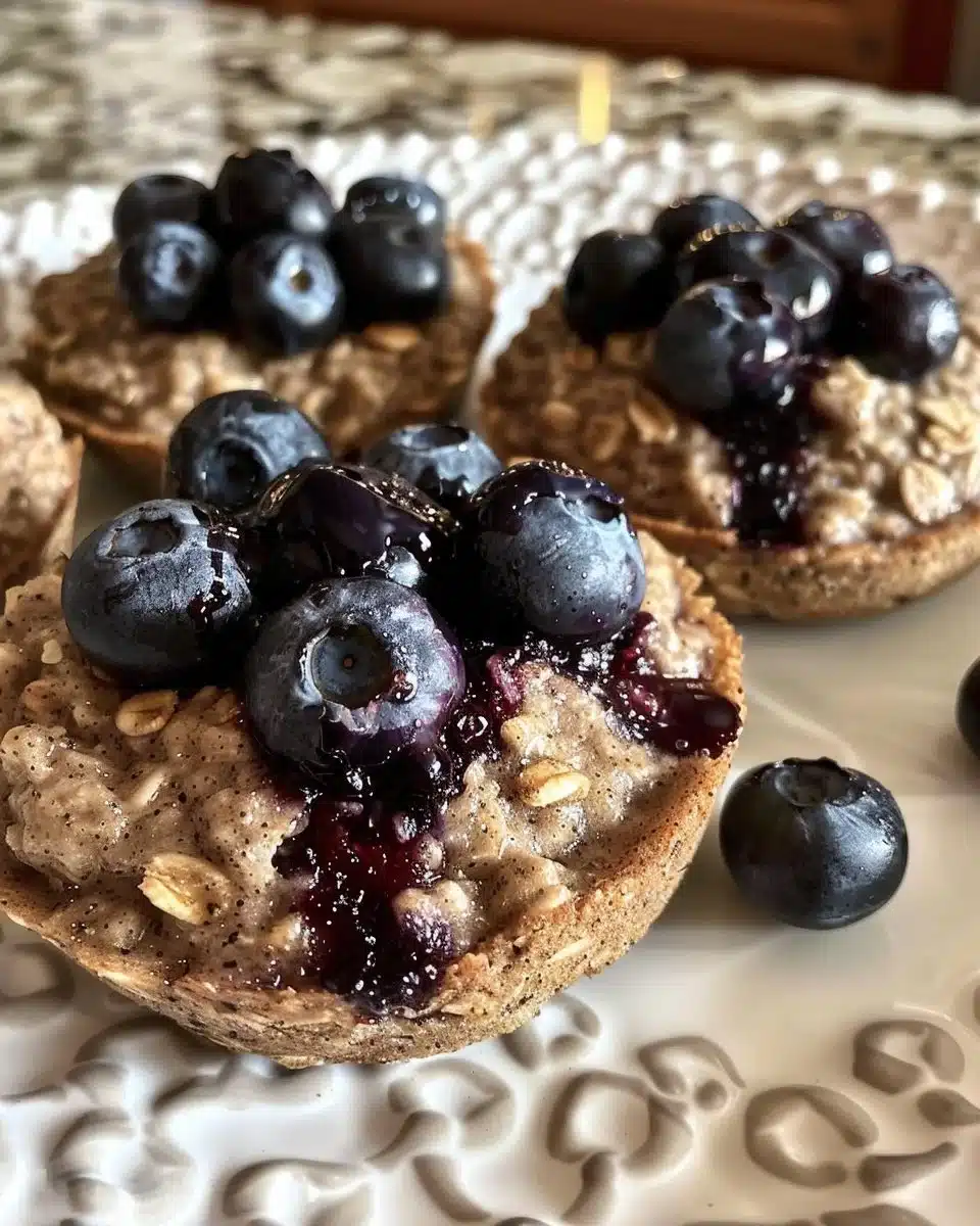 Freshly baked blueberry oatmeal muffins cooling on a wire rack.