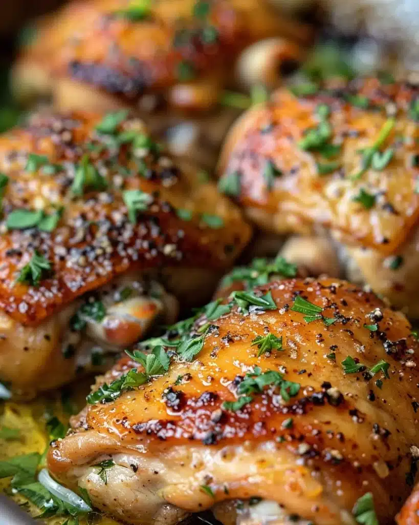 Delicious bone-in baked chicken thighs served on a plate with herbs and spices.