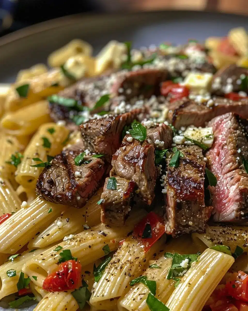 Cajun steak tips with rigatoni in creamy mozzarella parmesan sauce