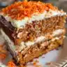 Slice of homemade Carrot Cake Loaf topped with cream cheese frosting.