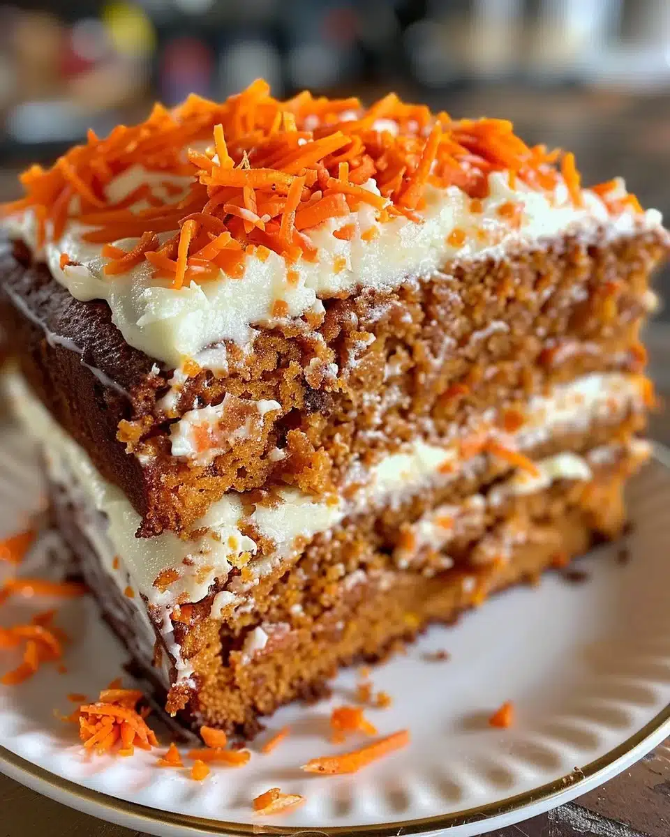 Slice of homemade Carrot Cake Loaf topped with cream cheese frosting.