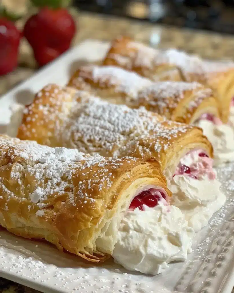 Freshly baked Cheesecake Crescent Rolls drizzled with icing.