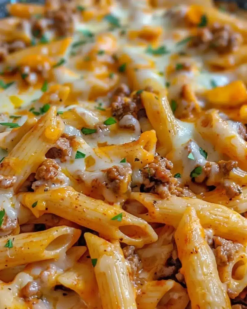 Delicious Cheesy Beef Penne pasta topped with melted cheese and beef sauce