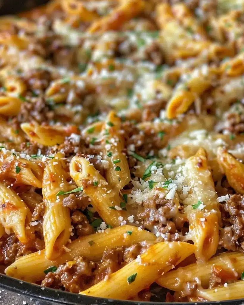 Delicious Cheesy Beef Penne served in a bowl with melted cheese topping.