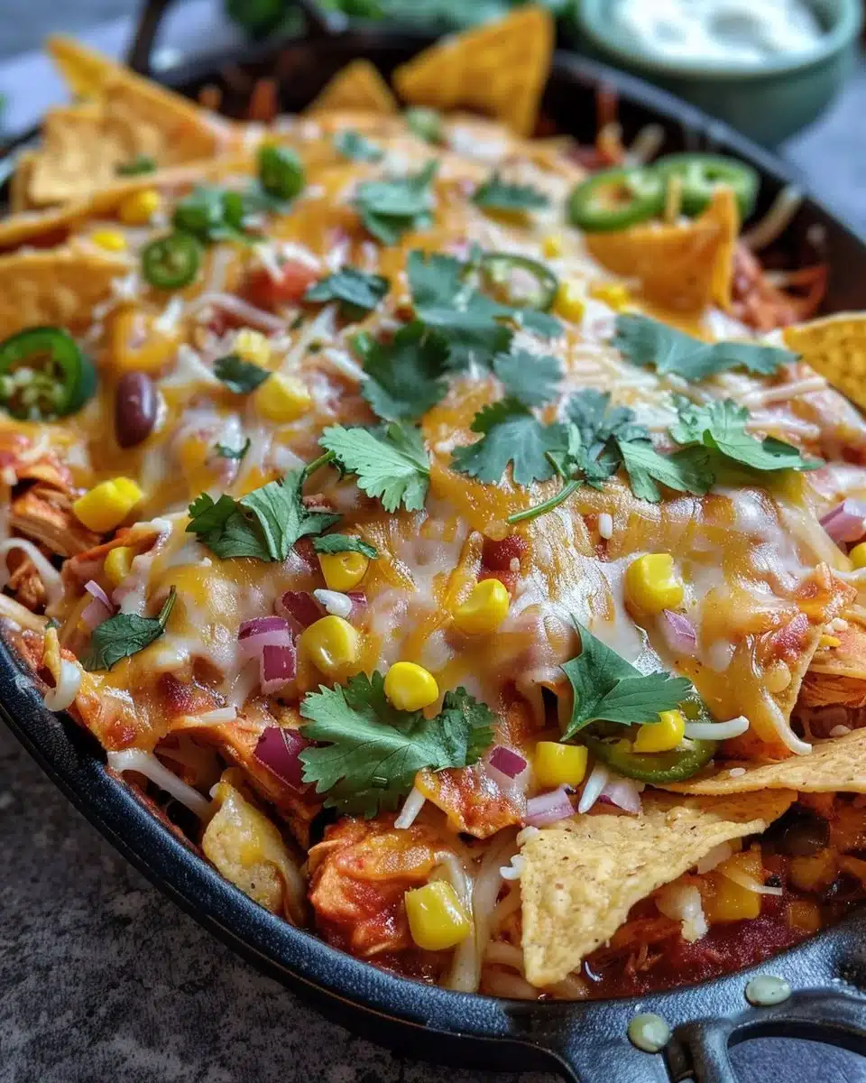 Delicious Chicken Enchilada Skillet topped with cheese and fresh herbs