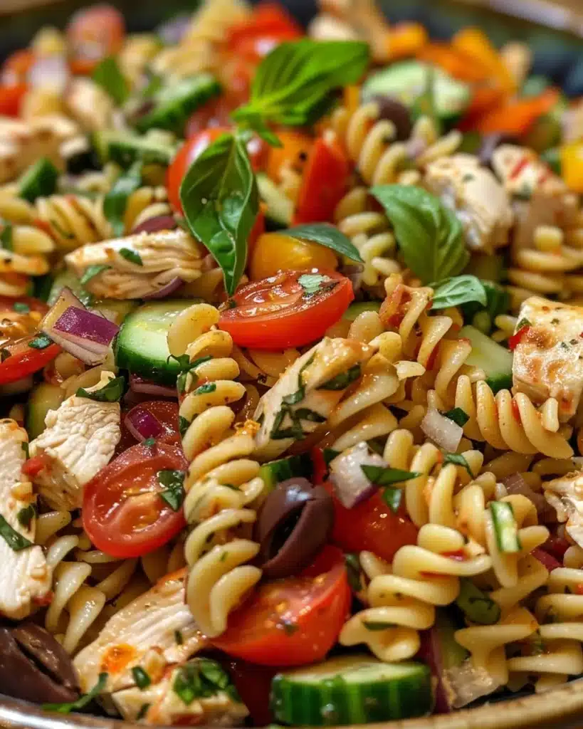Delicious Chicken Pasta Salad with colorful vegetables and dressing