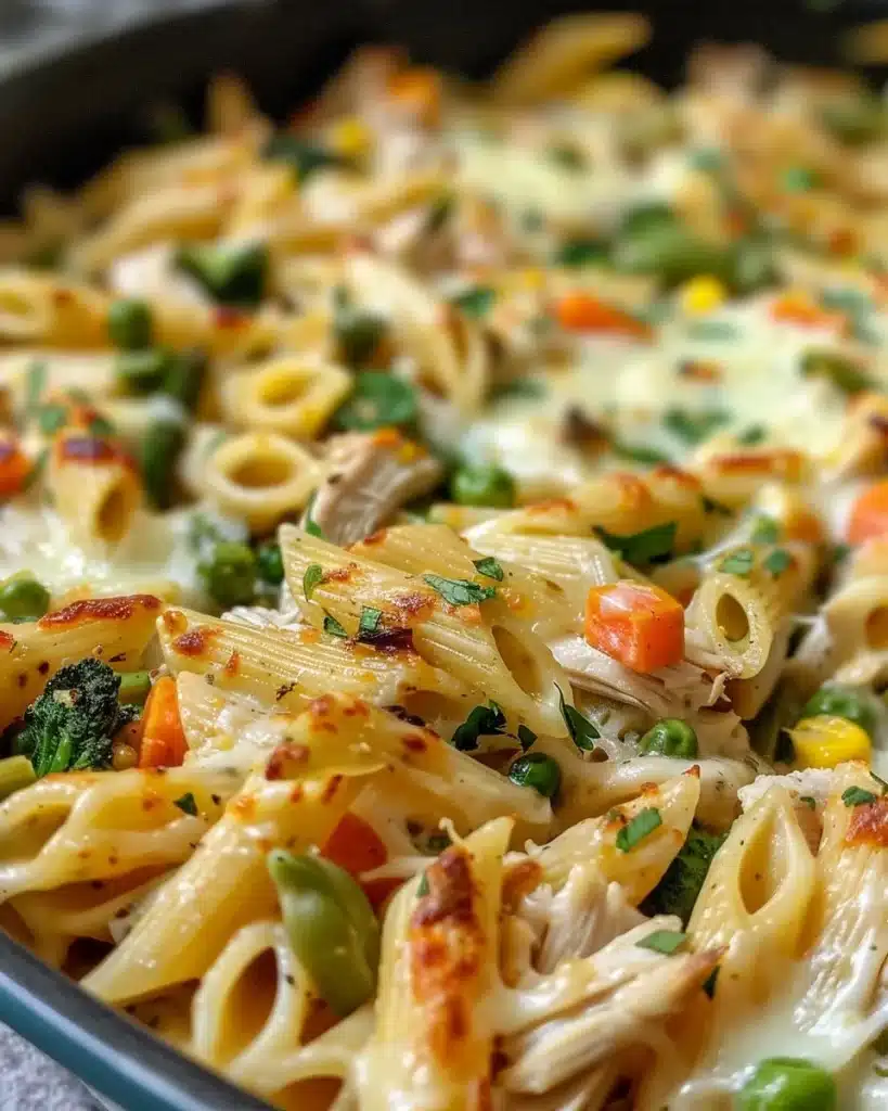 Delicious Chicken Penne Casserole served in a baking dish with cheese on top
