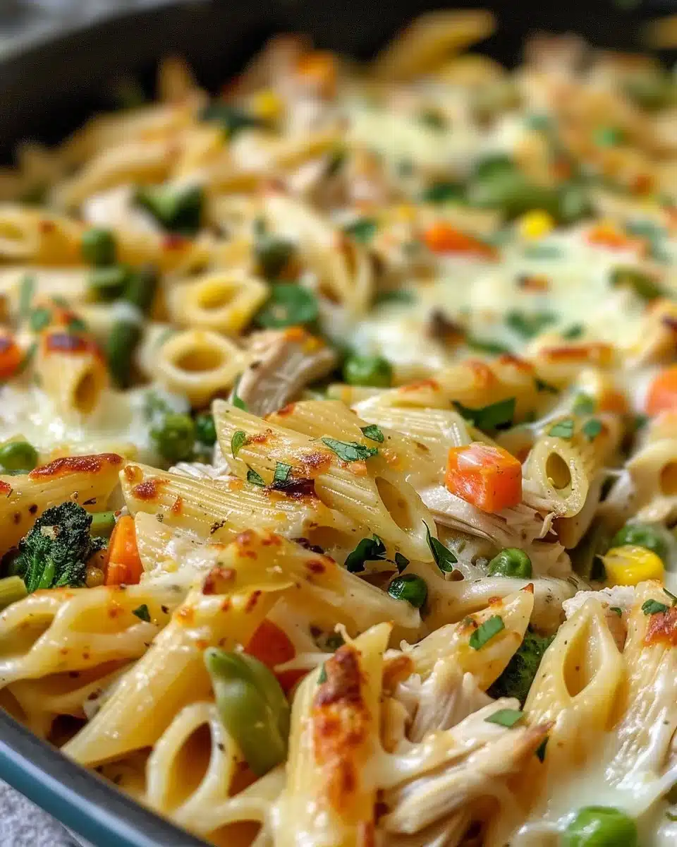 Delicious Chicken Penne Casserole served in a baking dish with cheese on top