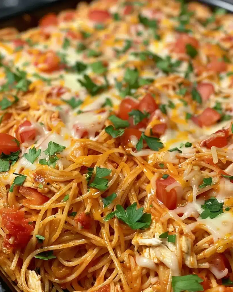 Delicious chicken spaghetti casserole served hot in a dish