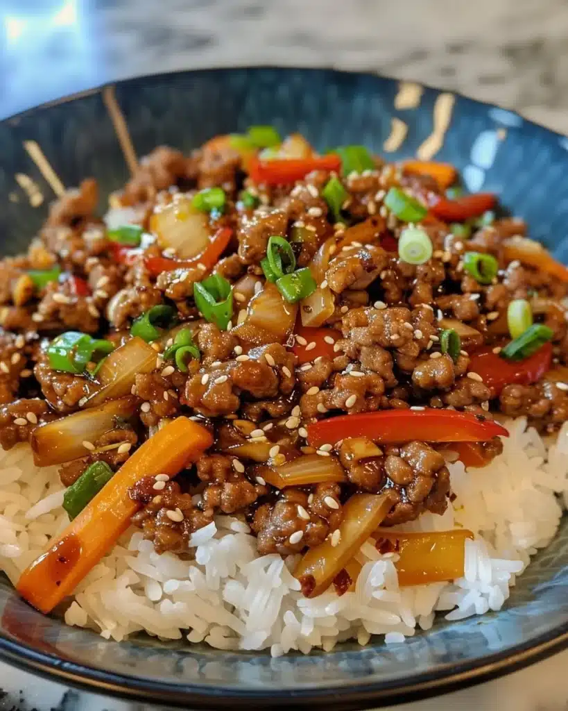 Delicious plate of Chinese-style ground beef with vegetables and rice