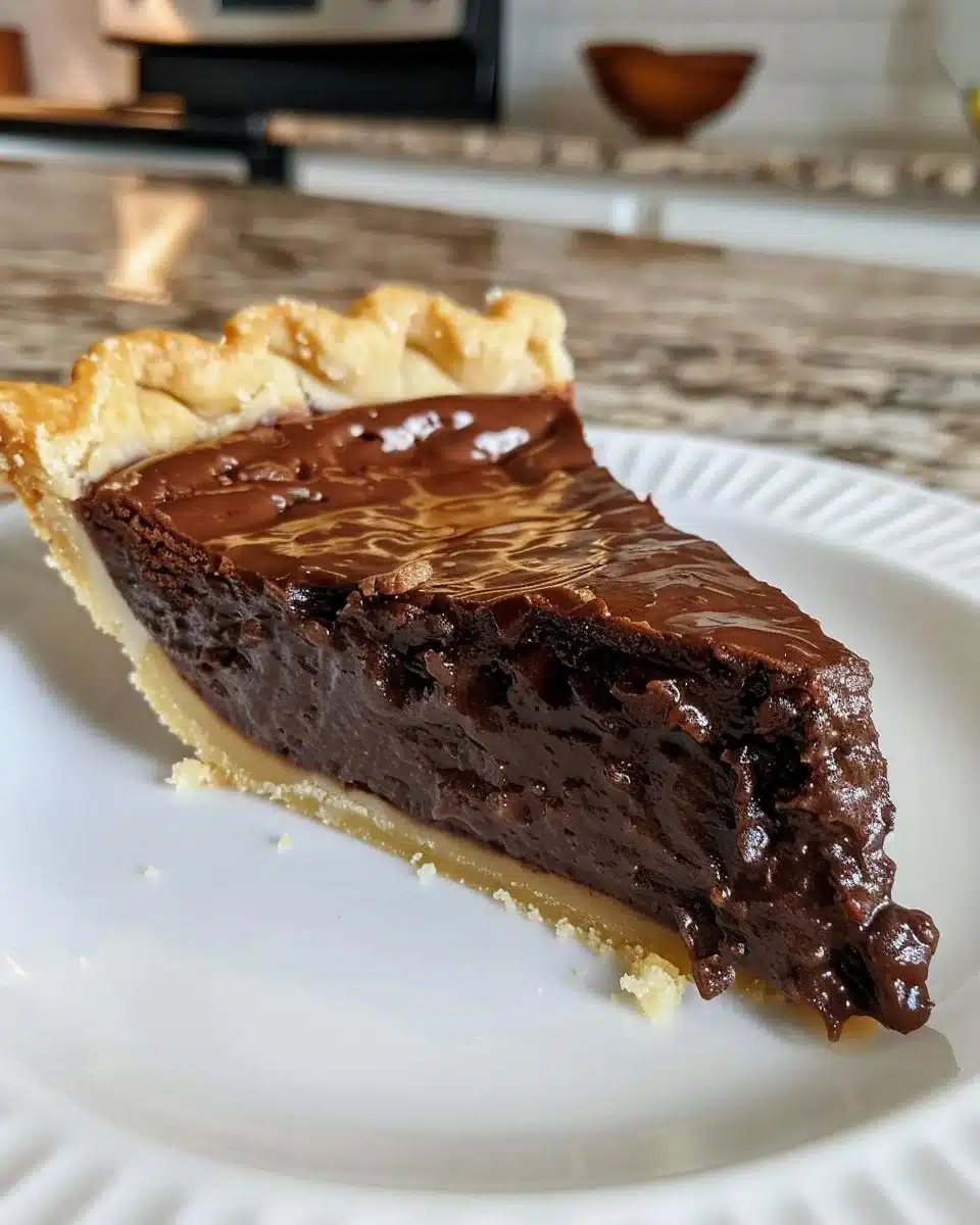Delicious Chocolate Chess Pie served on a rustic wooden table