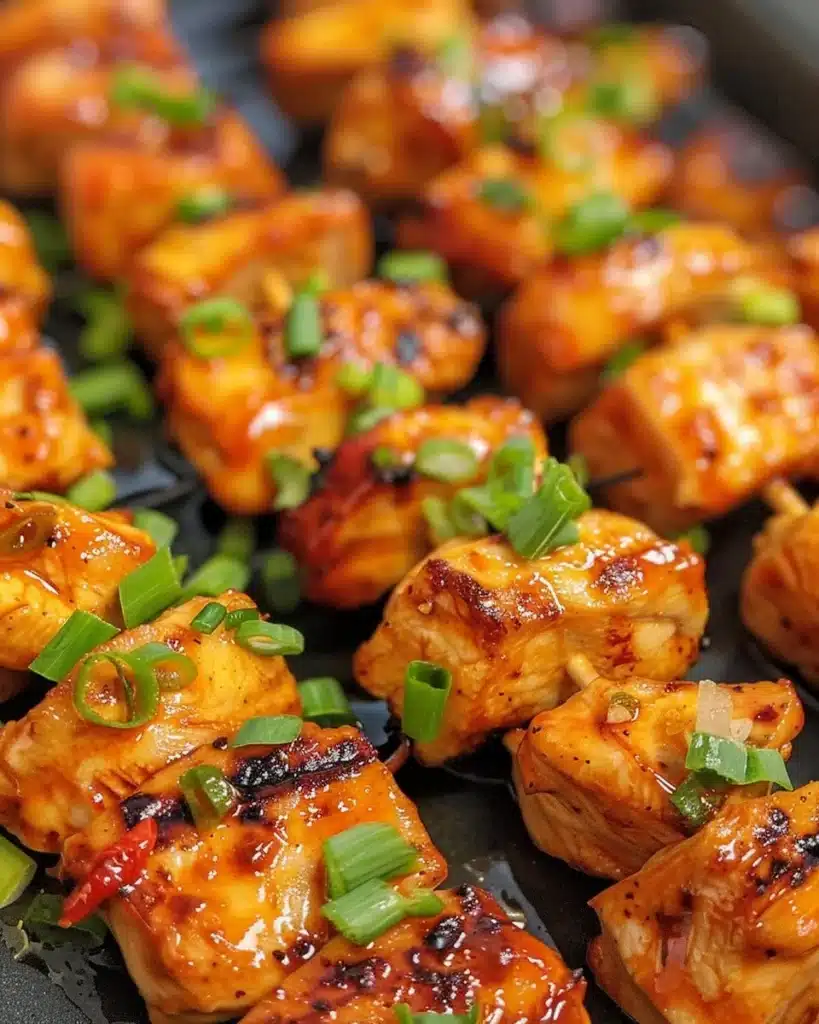 Classic Bang Bang Chicken skewers ready to be grilled
