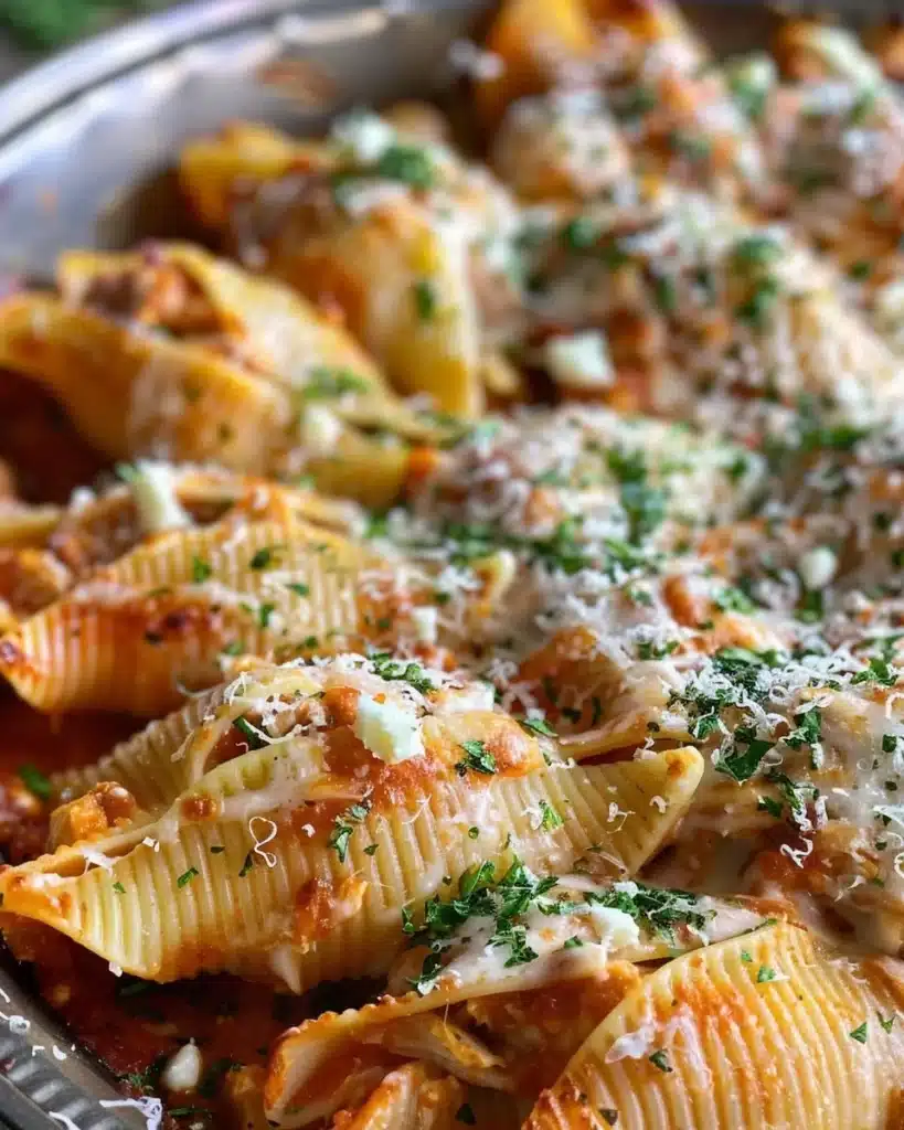 Creamy Chicken Shells with Carrots & Mozzarella in a serving dish