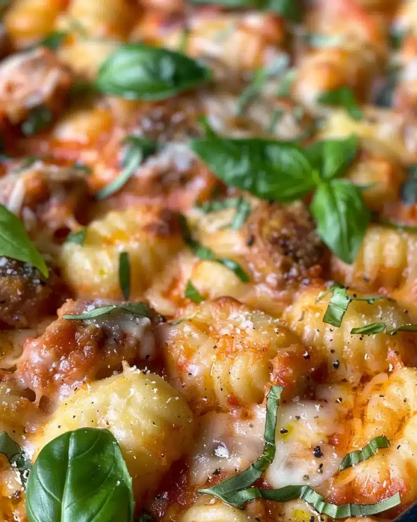 Creamy gnocchi with Italian sausage served in a bowl