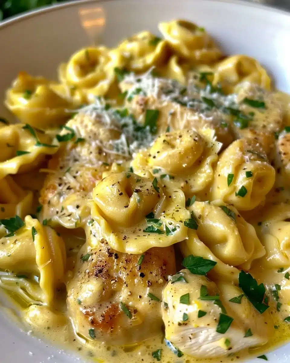 Creamy herb chicken tortellini dish garnished with fresh herbs