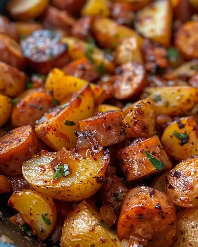 Bowl of creamy kielbasa soup garnished with herbs and spices