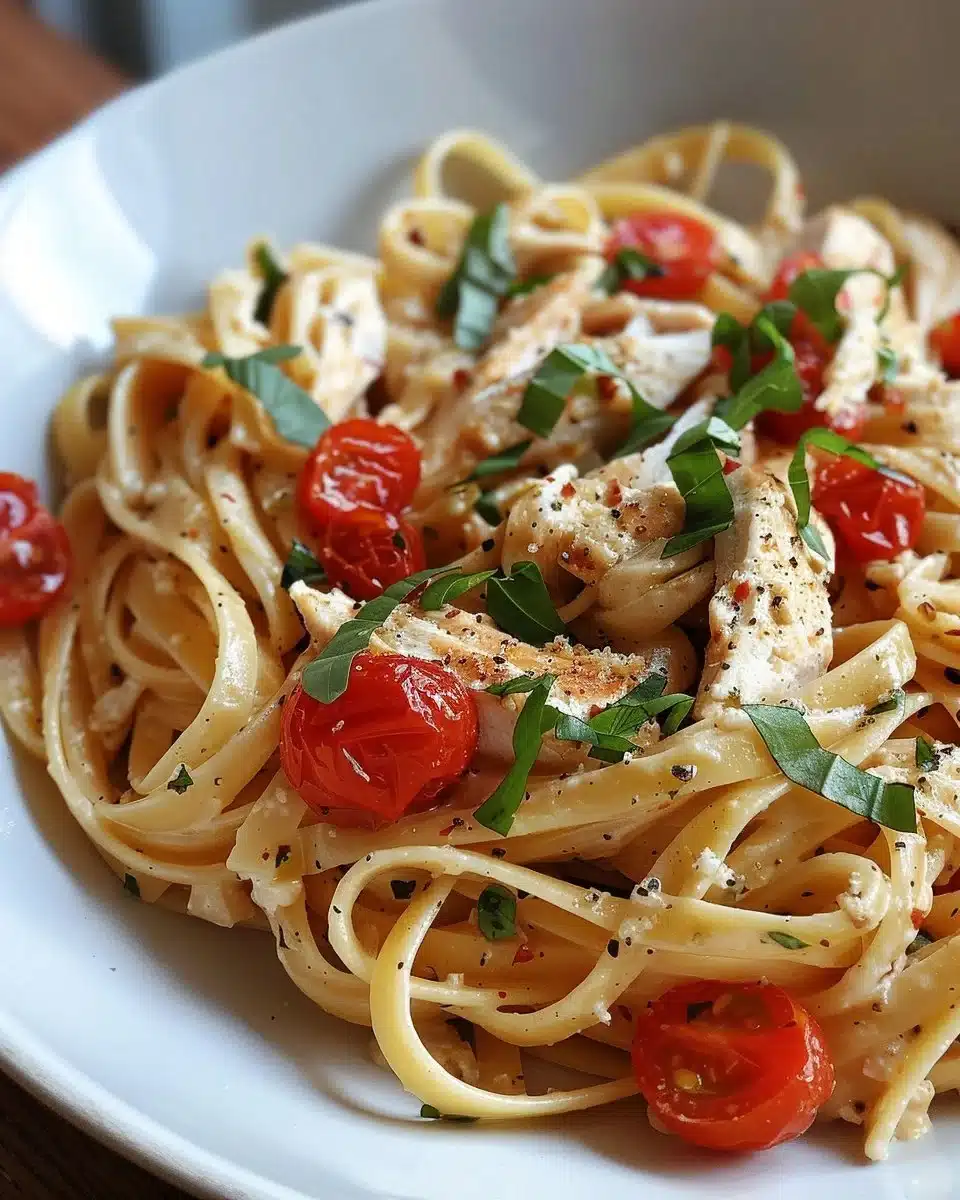 Creamy Mozzarella Chicken Linguine with tomatoes served in a bowl